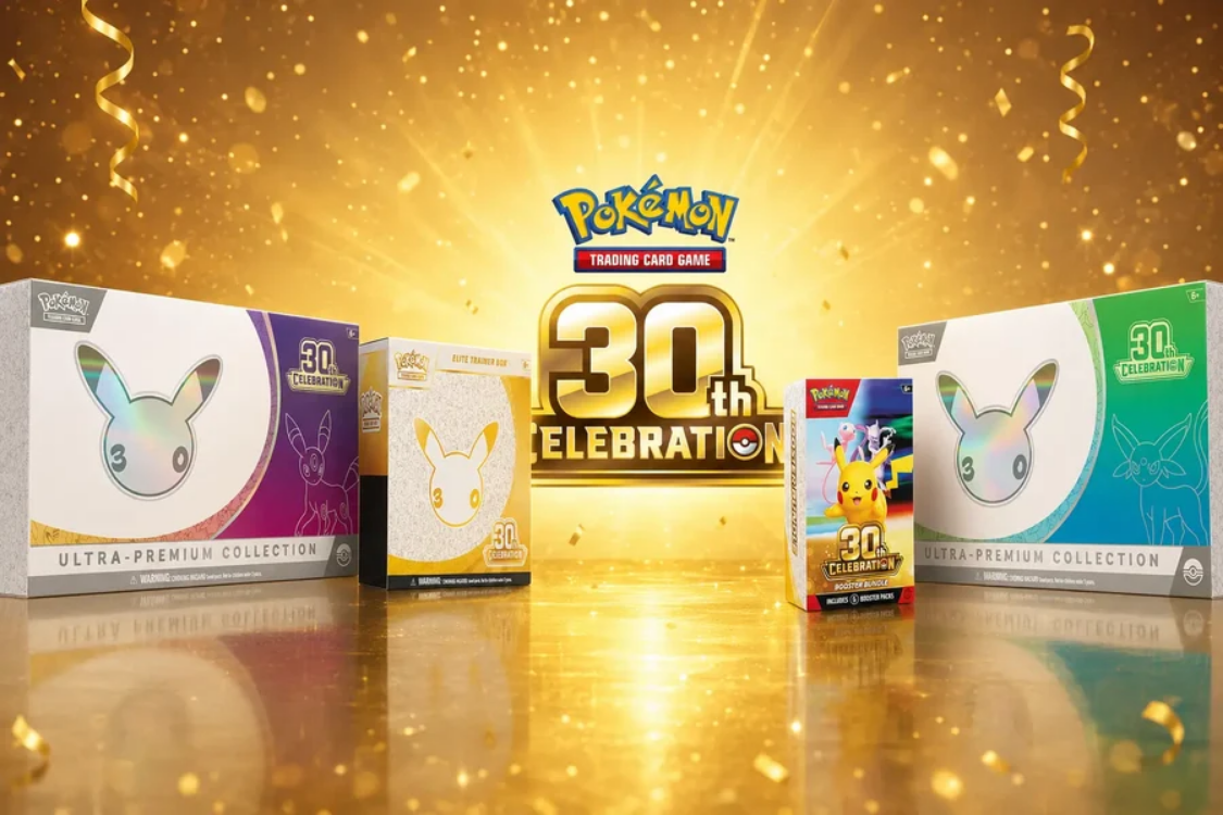 Pokémon 30th Celebration met verschillende verzamelboxen op een gouden achtergrond